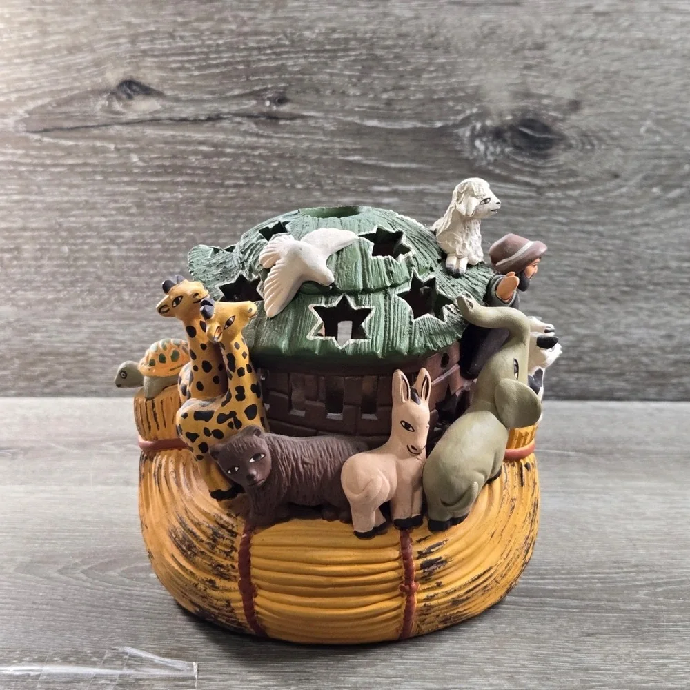Vintage Noah's Ark Ceramic Votive Tea Light Candle Holder Hand Painted Animals